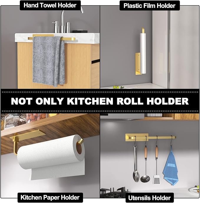 Paper Towel Holder Under Cabinet, Self-Adhesive or Drilling, Gold | Kitchen Roll Dispenser | Under-Cabinet or Wall-Mounted | Upgraded Aluminum | Lighter Yet Stronger Than Stainless Steel