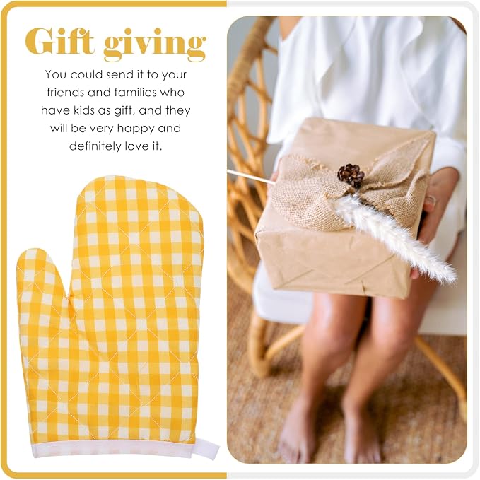 2Pcs Oven Mitts for Play Kitchen, Anti- Scald Gloves Microwave Oven Gloves Kitchen Mitts for Safe Baking Cooking (Yellow Checkered)