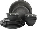 Gibson Elite Port Barton Plates and Bowls Sets, 12-Piece Stoneware Dinnerware Sets, Reactive Glaze Dish Set - Black