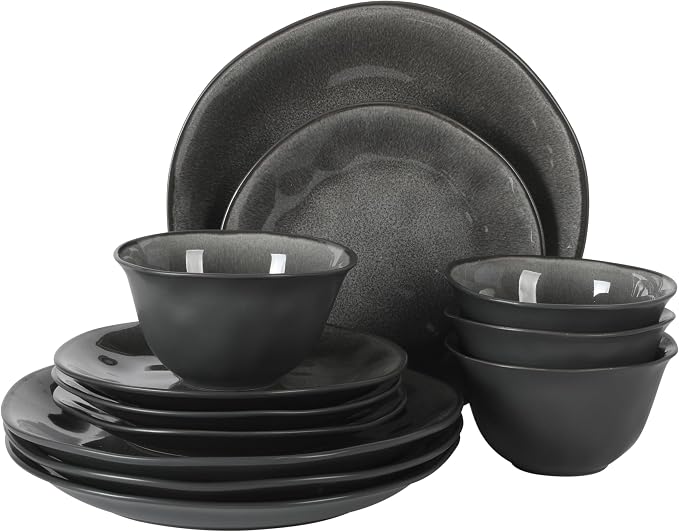 Gibson Elite Port Barton Plates and Bowls Sets, 12-Piece Stoneware Dinnerware Sets, Reactive Glaze Dish Set - Black