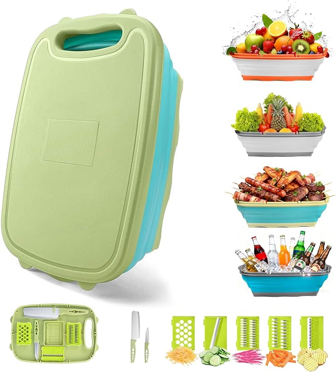 Gintan Camping Cutting Board, 9-in-1 Collapsible Chopping Board with Colander, Kitchen Vegetable Washing Basket for Camping, Camping Gifts Camping essentials for RV Campers (Blue Green)