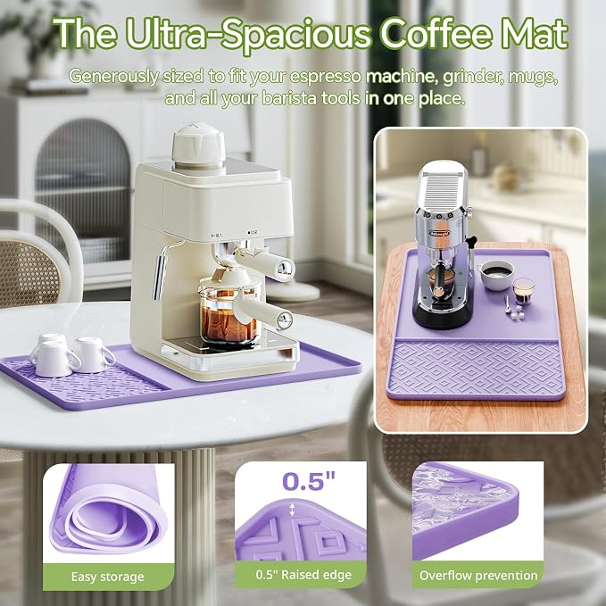 Silicone Coffee Mat with Raised Edges 19" x 12" – Waterproof Countertop Mat, Coffee Maker Pad, Espresso Machine Mat, Heat Resistant Dish Drying Mat
