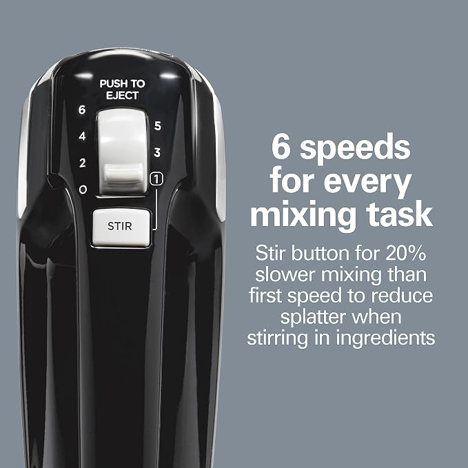 Hamilton Beach Electric Hand Mixer With 6 Speeds + Stir Button | 300 Watts of Peak Power for Powerful Mixing | Includes Whisk and Storage Clip | Black | 62628