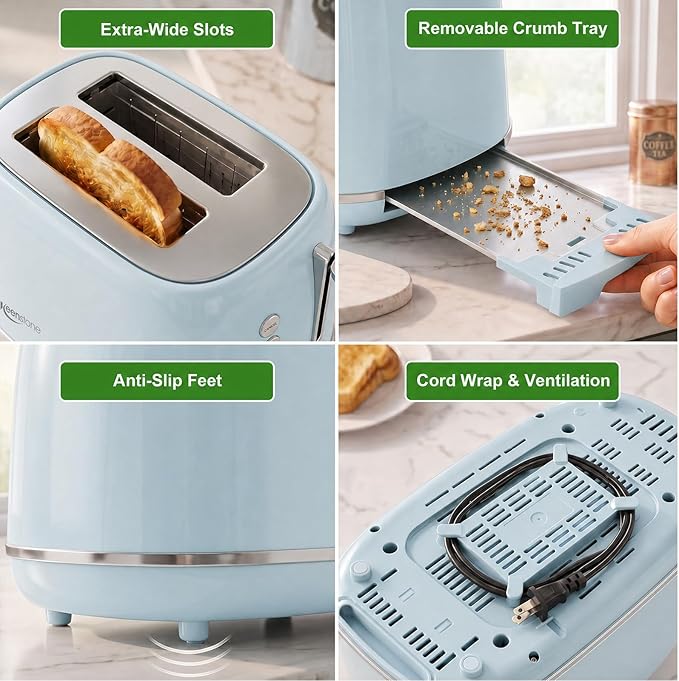 Retro 2 Slice Stainless Steel Toaster with 6 Bread Shade Settings, Bagel, Cancel, Defrost Function, Extra Wide Slot, Removable Crumb Tray, Blue