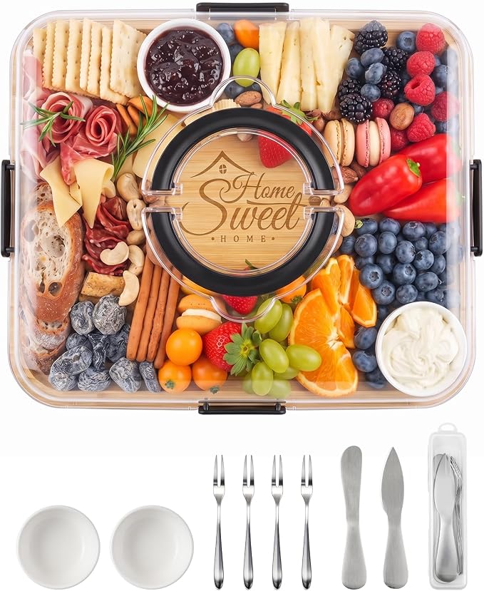 Portable Bamboo Charcuterie Board with Lid, Engraved Home Print | Includes Knife Set, Plates, Forks & Handle, Travel Serving Tray Platter for Cheese, Meat, Fruit, Housewarming Gift for Women