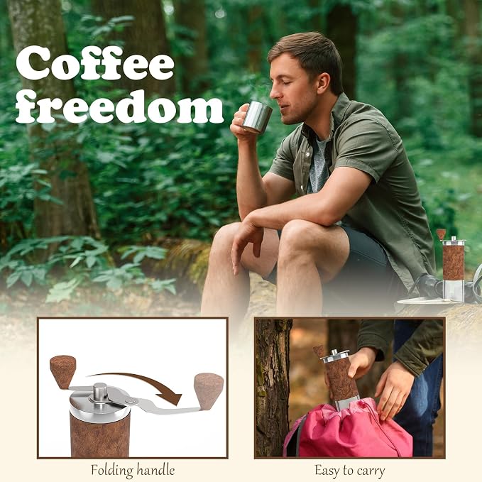 Manual Coffee Grinder, Portable Coffee Grinder, Burr Mill, Foldable Crank | Fine-to-coarse grind adjustment, stainless steel body, clear grounds cup and cleaning brush for home, office or travel.