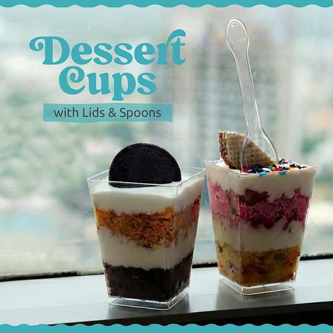 20 Pack 5 oz Dessert Cups with Lids and Spoons, Plastic Parfait | 60 pcs serves 20; disposable clear mini party set for mousse, tiramisu, pudding, appetizer, salad, yogurt, cake, wedding