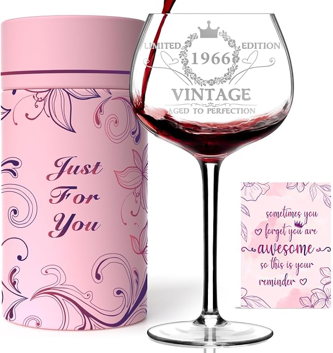 60th Birthday Gifts for Women, Vintage 1966 Engraved Wine Glass in Gift Box | Gift For Her Turning 60, Mom, Daughter, Sister, Friend, Lightweight Thin-Rimmed Glass, Elegant Design, Birthday Decoration