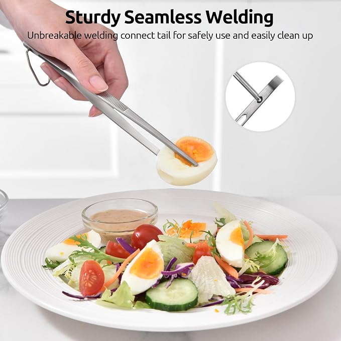 U-Taste Kitchen Cooking Tweezers 18/8 Stainless Steel, 8+10+12"/Pointed Tip | Food-Grade Metal Food Tongs Set, Seamless-Welding, Long Professional Chef Tweezer for Plating Serving Grilling Frying Feeding