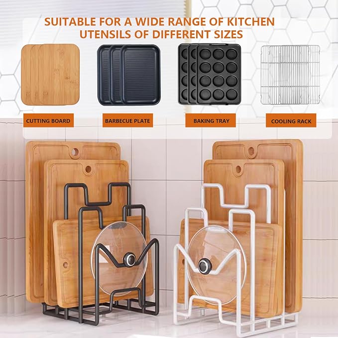 Multifunctional Cutting Board Organizer, Cutting Board Holder Rack Baking Cookie Pan Sheets Cooling Racks Storage Stand for Kitchen Cabinet -Divided Holder with 4 Slots (2PS Black) (1White+1Black)