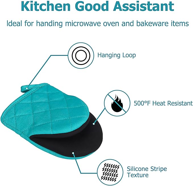 Goldmeet Mini Oven Mitts 2-Pack, 7"x5.5", 500°F Silicone Grip, Coral Blue | Non-Slip, Heat Resistant, Machine Washable, Hanging Loop, Fits Small Hands, for Baking Grilling BBQ Cooking