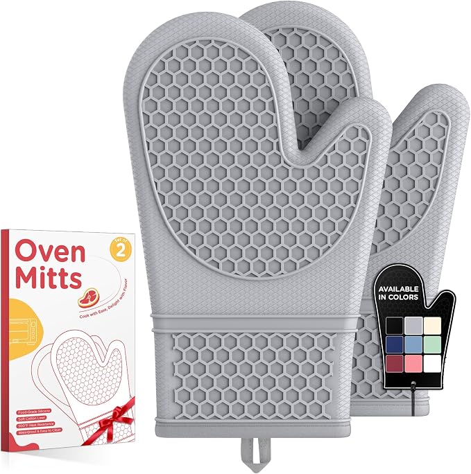 Kitsure Silicone Oven Mitts, Kitchen Gadgets, Apartment Essentials, Black | 2 Pack Oven Gloves with Soft Lining, Non-Slip and Heat Resistant, Great Gift for Cooking, Baking