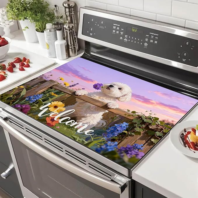HOMETITUTE Spring Stove Top Covers for Electric Stove 28x20 Inches Puppy Flower Garden Sunset Heat Resistant Glass Cooktop Protector Pad Decorative Stovetop Cover Dish Drying Mats for Kitchen Decor