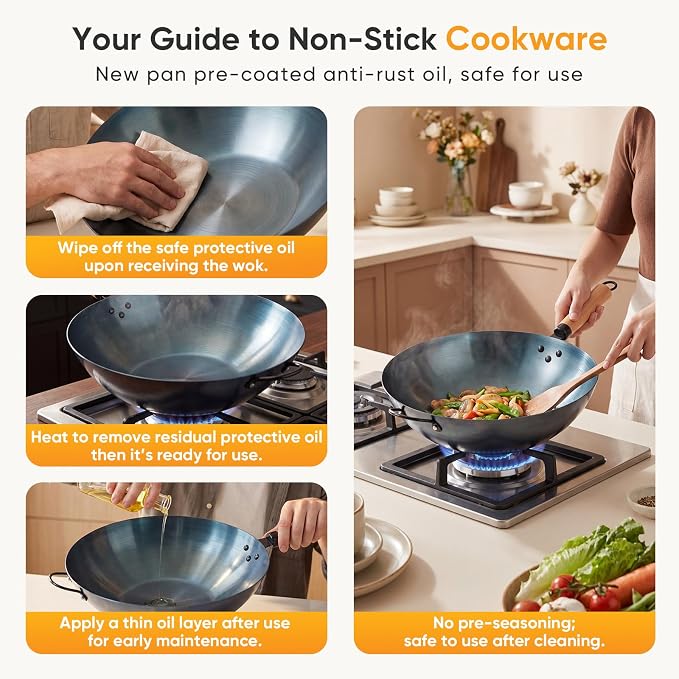 NEWBULIG 13.5" Carbon Steel Wok Pan, Pre-Seasoned Flat Bottom Wok for Stir Fry, BBQ, Grill & Camping, Compatible with Induction, Electric, Gas and Open Fire, Blue