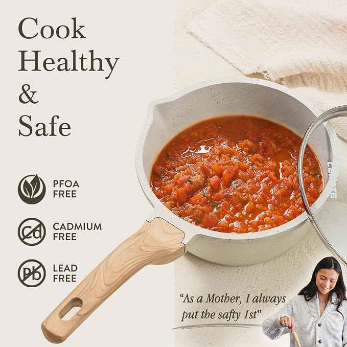 CAROTE Nonstick 1.5Qt & 3.0Qt Sauce Pan Sets with Lid, White | Kitchen Non Toxic Cookware with Stay-cool Handle, All Stovetops Compatible, Dishwasher Safe, PFOA Free