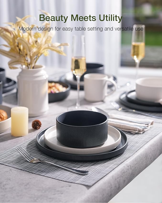 Famiware Star Stoneware Dinnerware Set, Reactive Glaze Plates & Bowls for 4 | 12-Piece Handmade Ribbed Dishes, Chip & Scratch Resistant Ceramic. Microwave & Dishwasher Safe, Rustic Modern, White & Black