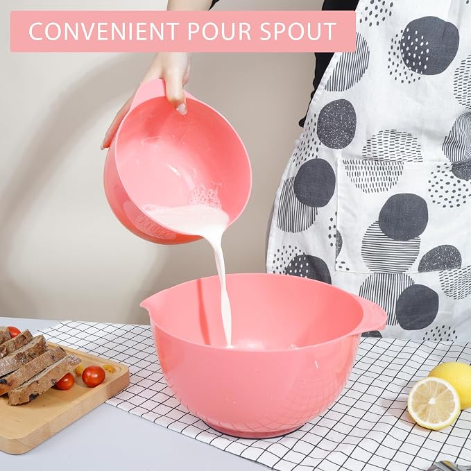 BoxedHome Classic Mixing Bowls Set of 4, BPA Free Plastic, Microwave Safe | 4.5, 3.5, 2.5 and 1.7 qt, Non-slip Base Large Non-toxic Nesting Bowl with Pour Spout, Dishwasher Safe, for Prep, Cooking
