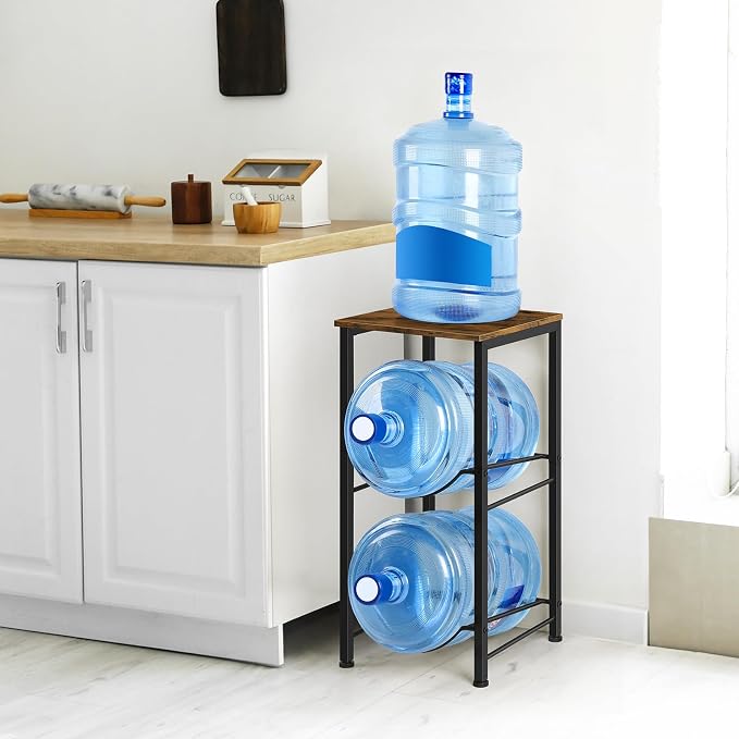 Brown Heavy Duty 5 Gallon Water Bottle Holder - 2 Tier Water Cooler Storage Rack With Top Shelf - Dispenser Stand for Kitchen, Living Room, Office