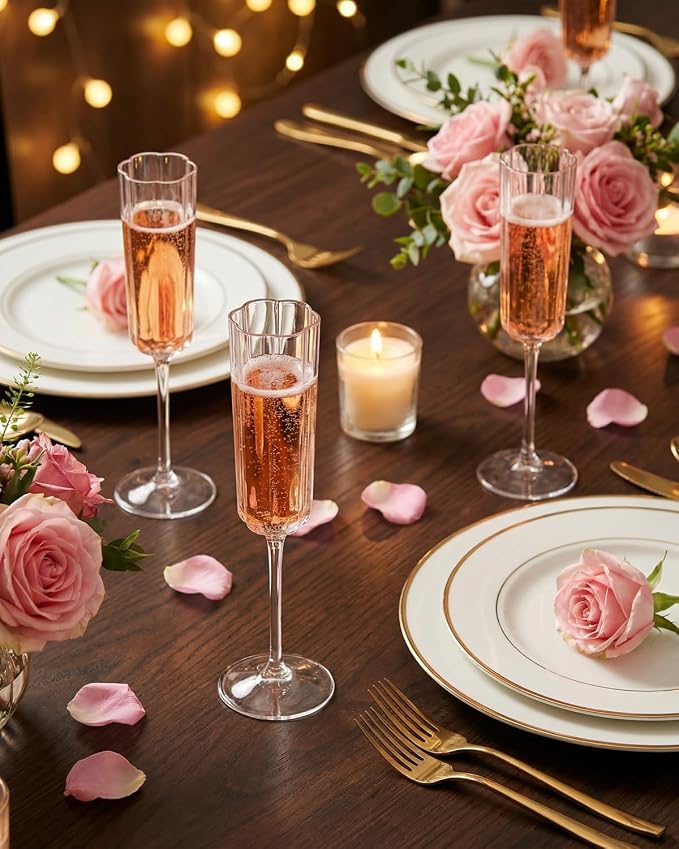 Ciaell 24 Pack Plastic Champagne Flutes for Weddings Birthdays | 6 oz Vintage Flower Wavy Toasting Cups, Heavy Duty Plastic, Champagne Wine Mimosas Beverages for Parties Outdoor
