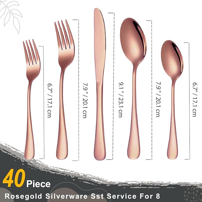 Runfly 40-Piece Rose Gold Flatware Set, Stainless Steel Cutlery Set for 8 | Mirror Polished Durable Utensil Set Includes Knife Fork Spoon for Home Kitchen Restaurant Tableware