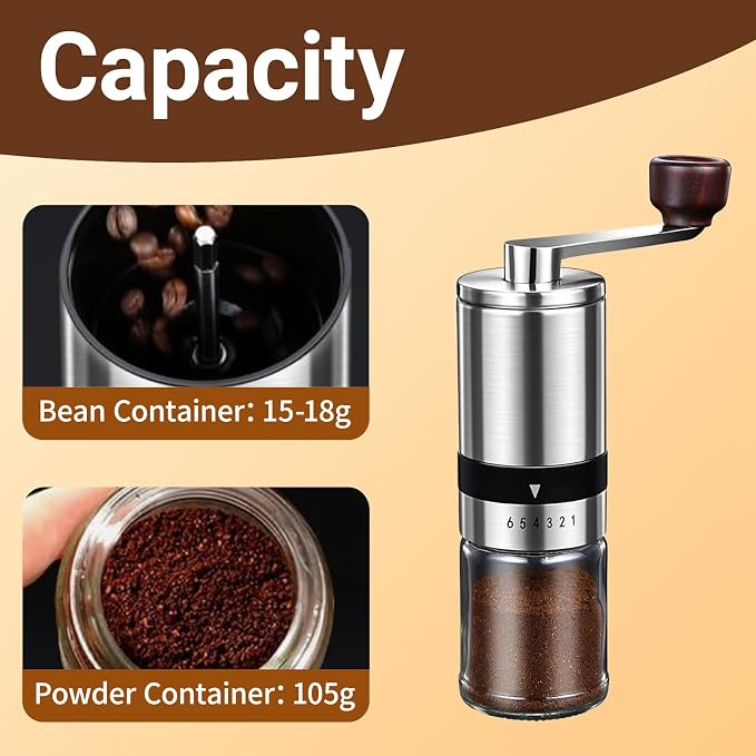 Ceramic Burr Manual Coffee Grinder with 6 Adjustable Coarseness Settings | For Espresso Beans French Press Pour Over Drip, Stainless Steel Hand Crank Coffee Mill for Home Use Office Travel Camping