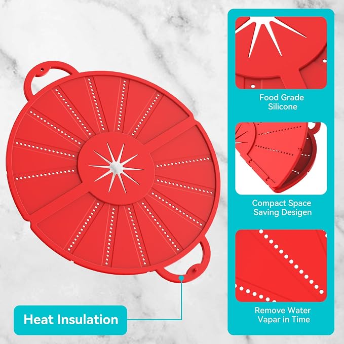 Foldable Silicone Splatter Screen for 10-13'' Pans with Handle,Red| Foldable Splash Guard, Multi-Use Grease Splatter Guard/Trivet Mat,Non-Stick Oil Splatter Guard,BPA-Free,Dishwasher Safe