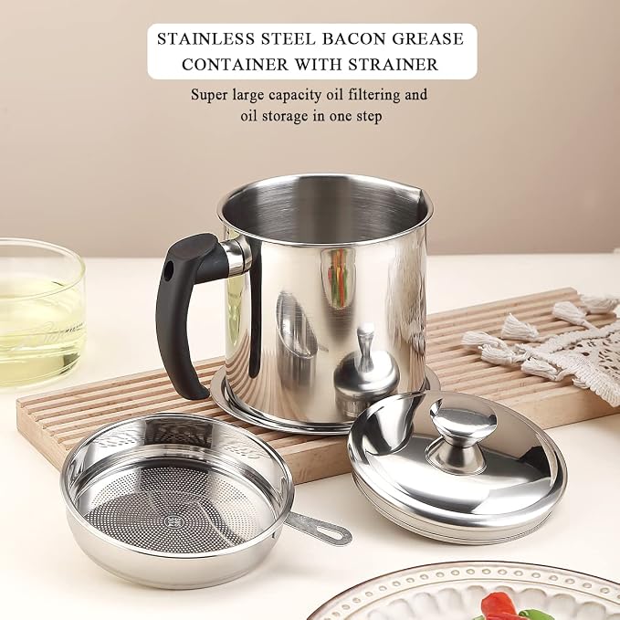 Kyraton Bacon Grease Container With Strainer, 48 oz Stainless Steel Oil Container, Pot Fat Storage With Lid, Easy Grip Handle Suitable For Storing Frying Oil And Cooking Grease 1. Silver