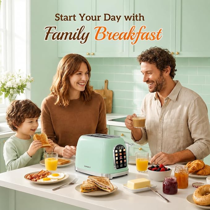 RONGBEST Retro Touch Screen Toaster 2 Slice Wide Slot Stainless Steel with 6 Browning Levels for Breakfast Bagel & Bread, Reheat & Defrost, Removable Crumb Tray, Mint Green