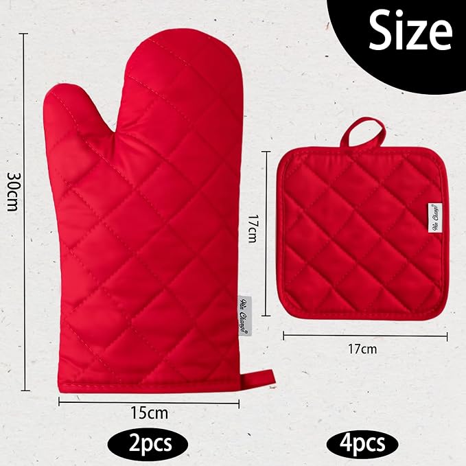 Oven Mitts and Pot Holders Sets,6 Pcs Oven Mitts and Potholders with Recycled Cotton High Heat Resistant Extra Thick Long Oven Mitts for Cooking(Red)