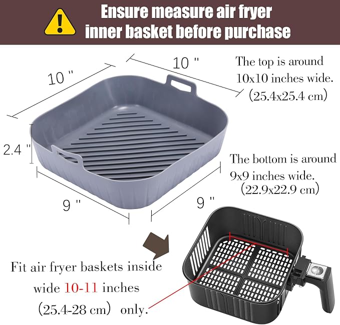 Golden Associate Silicone Liners Square for Air Fryer, 2 Pcs Non-stick Food-grade Reusable Basket Silicone Pot Baking Tray Airfryer Accessories, Top Size 10 inches, Bottom Size 9 inches