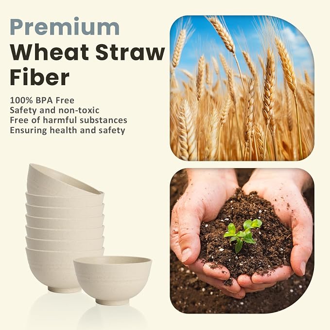 10 OZ Dessert Bowls Wheat Straw Small Bowls Reusable Kids Bowl Mini Bowl for Ice Cream, Side Dishes, Fruit, Snack, Portion Control Unbreakable Lightweight Bowl Set, Microwave Safe (Beige)