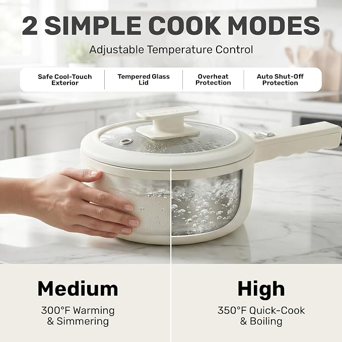 CERAMAX PRO 1.5L Electric Hot Pot with Lid & Steamer | Adjustable Temp, Non Toxic Ceramic Cooker Skillet for Ramen, Eggs, Pasta for Dorms, Camping, RV - New Improved 2026 Model