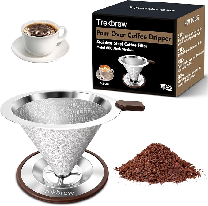 Pour Over Coffee Dripper, Stainless Steel Coffee Filter 600 Mesh Ultra-Fine,Paperless Reusable Coffee Filter,1-2 Cup Portable Single Serve Coffee Maker for Home Office Travel