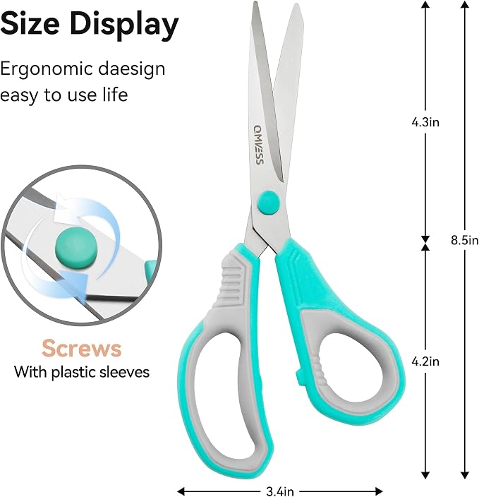 QMVESS 8.5" Scissors All Purpose 3 Pack, Ultra Sharp 2.5mm Thick Blade Scissors for Office, Professional Ergonomic Comfort Grip for Office School Home Fabric Sewing DIY Craft Cutting General Use