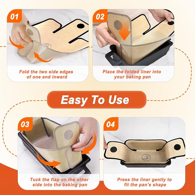 4 Pack Full-Coverage Silicone Bread Sling, Nonstick Silicone Loaf Pan Liner | Reusable & Dishwasher Safe Bread Baking Mats Fit 9x5, 9.5x5, 10x5 Inch Bakeware, Folded Corners Prevent Batter Leakage, Brown