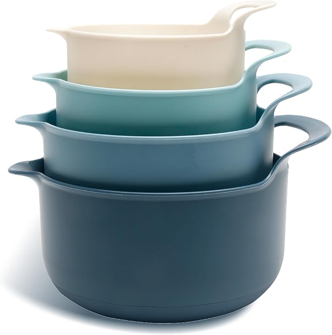 COOK WITH COLOR Nesting Plastic Mixing Bowl Set with Pour Spouts and Handles, Blue, 4 Piece Non-Slip