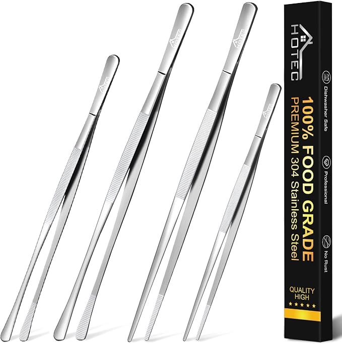 HOTEC Kitchen Tweezers Tongs Stainless Steel, Set of 4-10" and 12inch Extra-Long Food Tweezers Fine Kitchen Tongs for Cooking,Grill and Baking