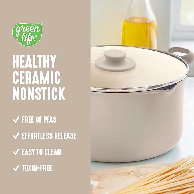 GreenLife 6QT Ceramic Nonstick Stockpot with Glass Straining Lid, Taupe | PFAS-Free Ceramic Nonstick Coating, Large Cooking Pot, Soup Pan, Stay-Cool Handles, Dishwasher & Oven Safe up to 350F