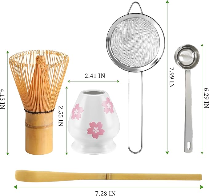 YIBO Matcha Whisk Set, Matcha Making Kit Bamboo Whisk (Chasen), White Ceramic Whisk Holder Stand, Sifter, Scoop Japanese Tea Tools For Ceremony Gift