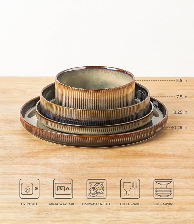 Ceramic Dinnerware Set for 4, 16-Piece Plates and Bowls Set | Lightweight Porcelain Dish Set, Scratch Resistant, Oven & Microwave & Dishwasher Safe, Cocoa Mocha