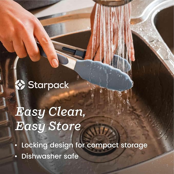 Starpack Get a Grip Silicone Kitchen Tongs (12 Inch) - LFGB Non Toxic, 600°F Heat Resistant, BPA-Free - Heavy-Duty Stainless Steel, Locking - Dishwasher Safe for Nonstick Cookware Light Blue