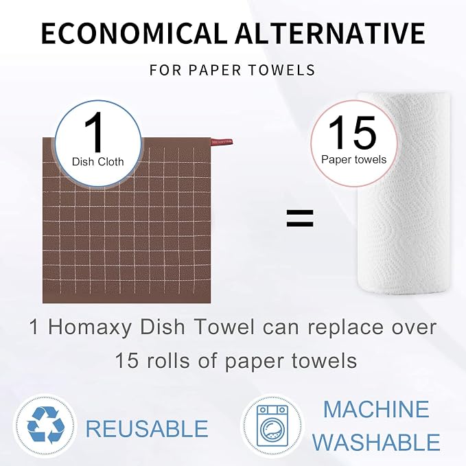Homaxy 100% Cotton Terry Kitchen Dish Cloths, 6 Pack, Brown | Ultra Soft and Absorbent, Suitable for Drying and Washing Dishes