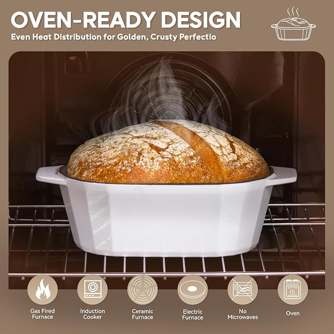 Enameled Cast Iron Sourdough Bread Oven – Dutch Oven for Sourdough, Oval Cast Iron Bread Pan with Lid，Loaf Cast Iron Dutch Oven for Baking (3.3QT-White）