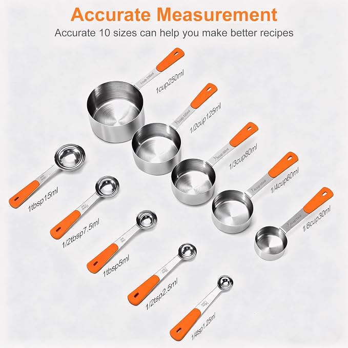Bopei Measuring Cups and Spoons Set Stainless Steel 10 Piece for Cooking and Baking (5 Cups + 5 Spoons, Orange Handle)