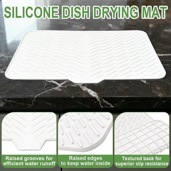 Silicone Dish Drying Mat for Kitchen Counter, White-1pcs, 23" x 17" | Heat Resistant & Non-Slip Dish Drain Pad with Built-In Drain, Dishwasher Safe, Quick-Dry, Hangable & Roll-Up for Storage