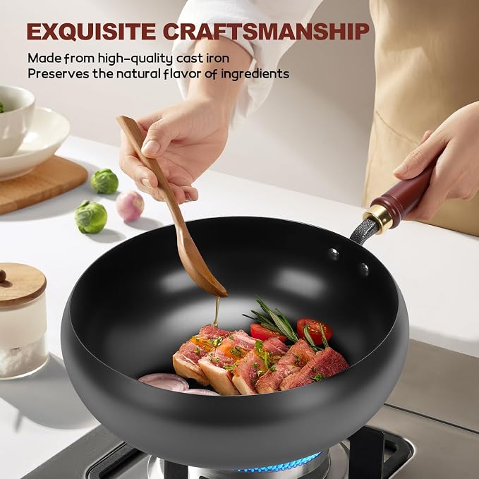 Gugxiom Suntuup Japanese Iron Pan, 28cm Cast Iron Wok, with Spatula, 2 Covers to Choose From, for Pots On Electric Stoves/Induction Cookers/Gas Stoves (Wooden lid)