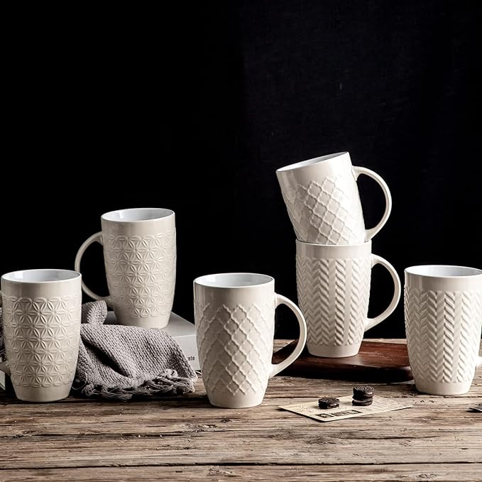 AmorArc 20 oz Large Coffee Mugs Set of 6, Tall Ceramic Coffee Cups-Beige | 3 Assorted Designs, Embossed Ceramic Coffee Mugs with Large Handle for Coffee/Tea/Cappuccino, Dishwasher&Microwave Safe