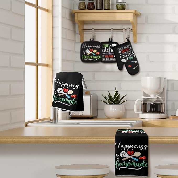 Sratte 6 Pcs Kitchen Decor Accessories Set, Kitchen, Black Color | Farmhouse Kitchen Towels Pot Holders Oven Mitts Set 2 Dish Towels 2 Potholders 2 Cooking Mittens for Baking Cooking Supply