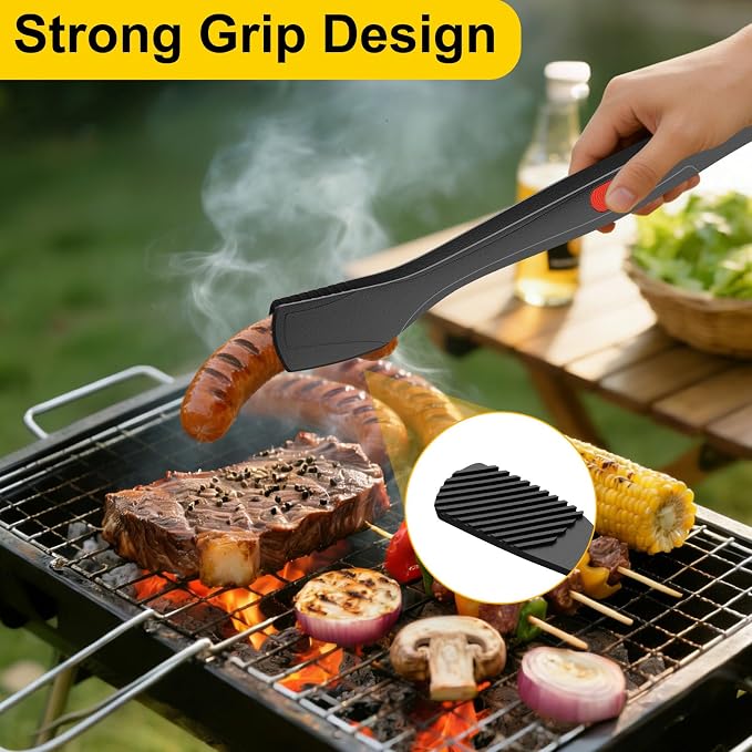 Beijiyi Silicone Kitchen Tongs for Cooking, 9" & 12", Heat Resistant, Black | BPA-Free Silicone Tip, Non-Stick Safe, Stainless Steel Core, Food Tongs for Cooking, Serving and Grilling, Dishwasher Safe
