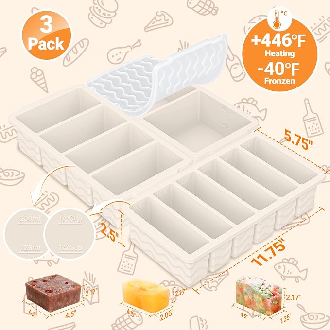 3-Pack Silicone Freezer Trays with Lid, Soup Freezer Container Molds | 2 Large 2-Cup, 4 Medium 1-Cup, 6 Small 1/2-Cup, BPA Free, Ice Cube Tray for Soup, Stews, Sauces, Meal Prep, Broth, Leftovers